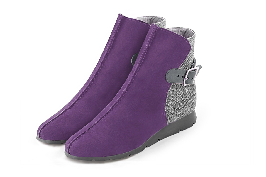 Women's amethyst purple, pebble grey and dove grey elegant ankle boots, with buckles at the back. Round toe. Thin rubber soles - Front view